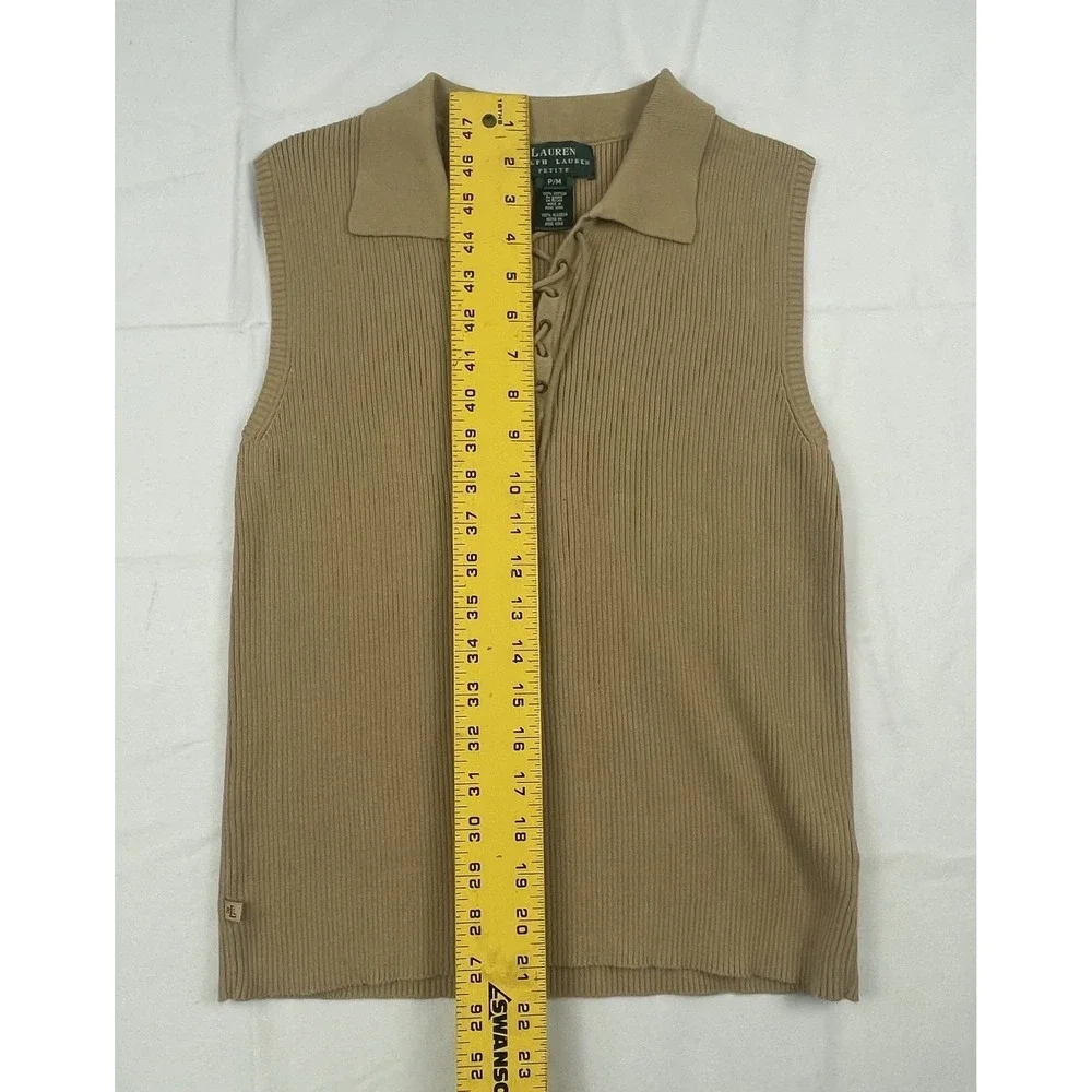 LAUREN RALPH LAUREN PETITE P/M RIB KNIT SLEEVELESS LACE UP SWEETER BEIGE COTTON